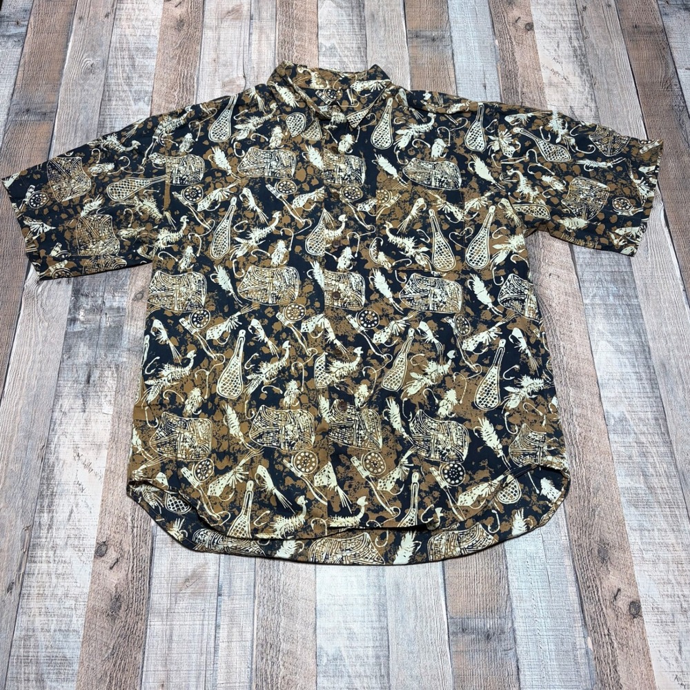 Straight Down Shirt Mens M Black Fly Fishing Print Vintage Short Sleeve Gorpcore